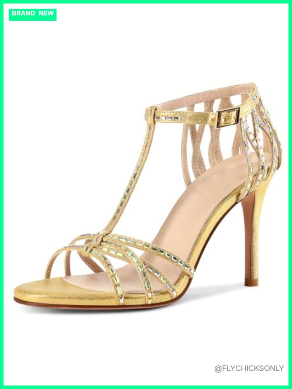 Rhinestone Strappy Stiletto Heeled Sandals Round Open Toe Adjustable Ankle Strap